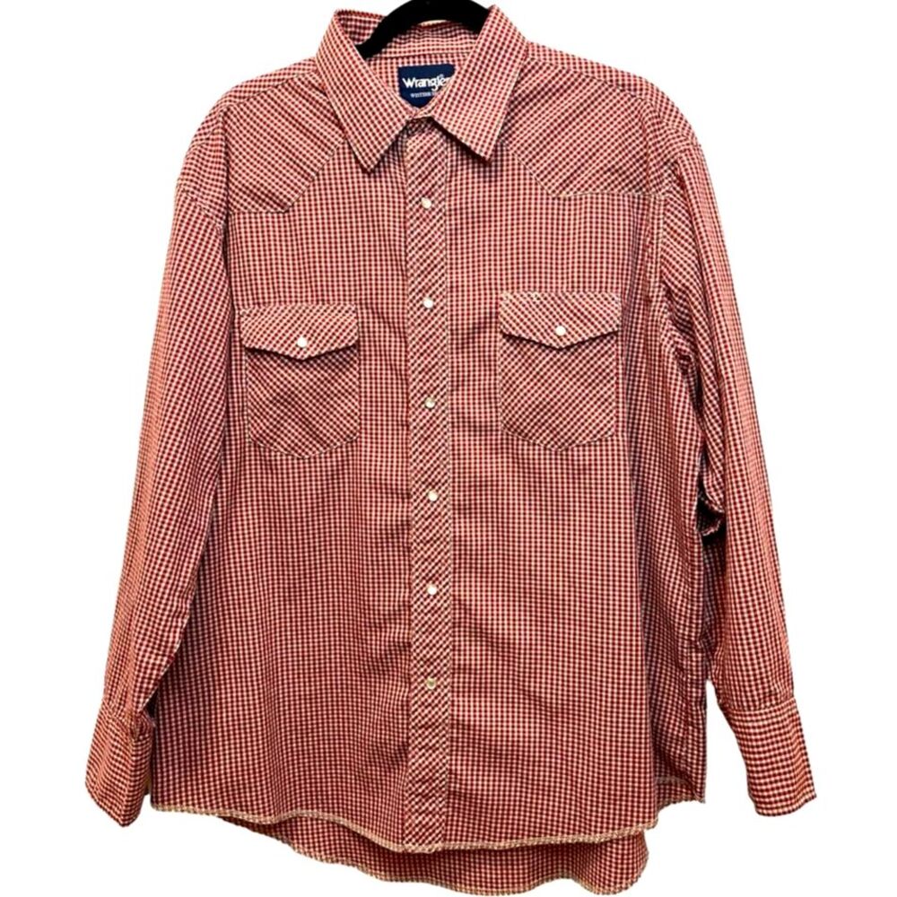 Vintage Wrangler Red Gingham Pearl Snap Western Shirt | Men's XL 17x35 - Picture 2 of 10